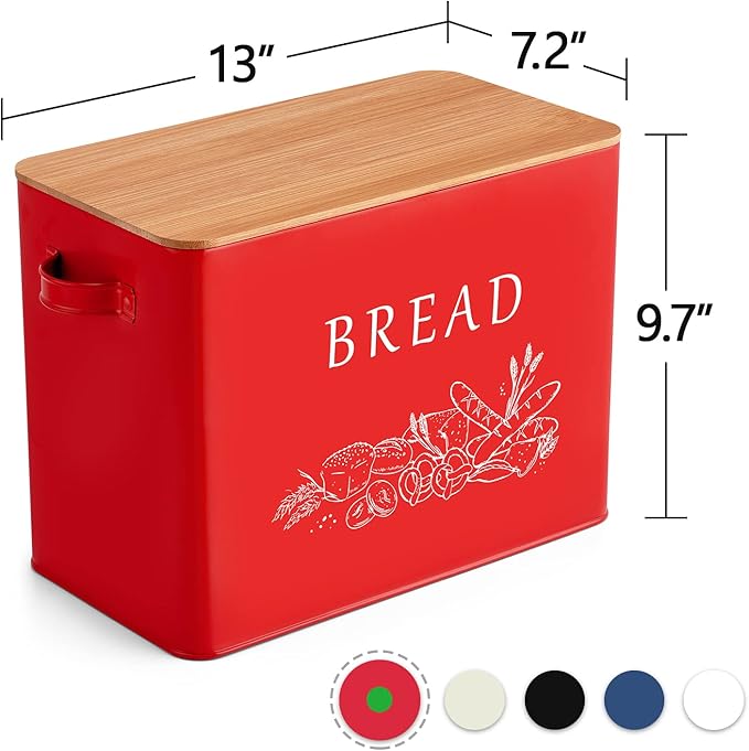 P&P CHEF Bread Box for Kitchen Counter, Metal Bread Storage Bin with Wooden Cutting Lid, Large Capacity for Holding 2+ Loaves, Retro Modern Style, Size 13” x 7.2” x 9.7”, Red