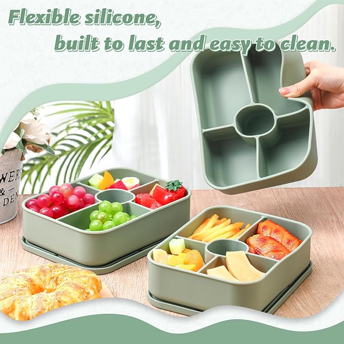 4 Pack Silicone Bento Boxes for Adults, 5 Compartment Reusable Lunch Containers with Sauce Section, Leakproof Meal Prep Snack Box Microwave & Dishwasher Safe for Work School Office(Green)