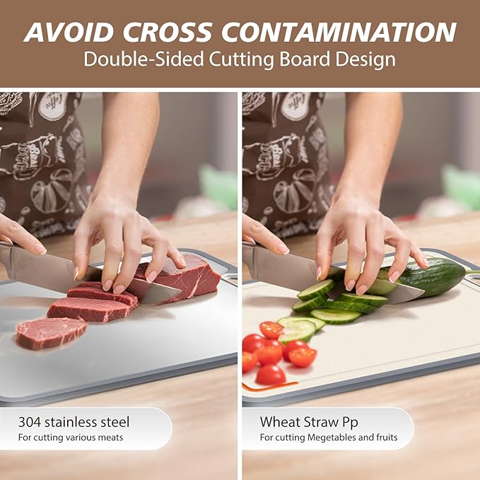 Cutting Boards for Kitchen, Stainless Steel and Wheat Straw Cutting Board, Kitchen Board for Meat and Vegetables, Non-Slip Eco Friendly Chop Board