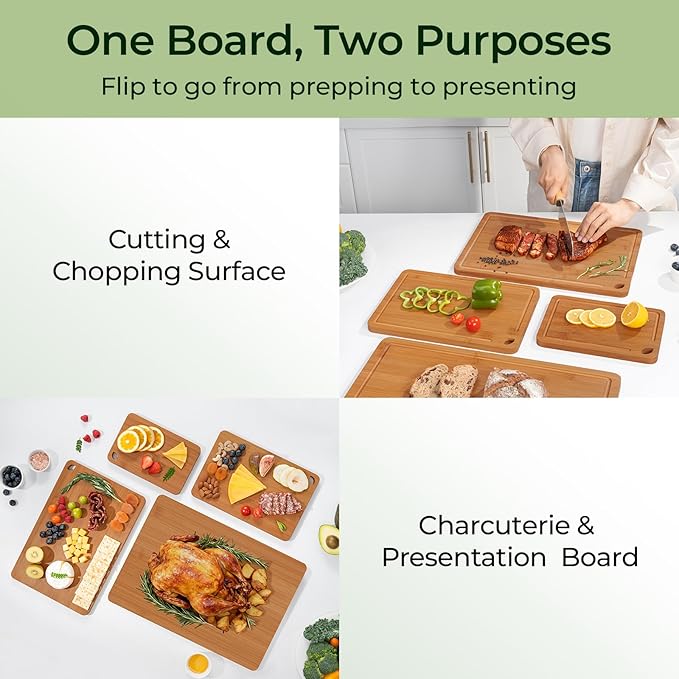 Wood Cutting Board, Carbonized Bamboo Cutting Boards Set With Smooth Surface & Easy Storage For Busy Kitchens, Ideal Charcuterie & Chopping, Durable, Knife-Friendly (4Pcs)
