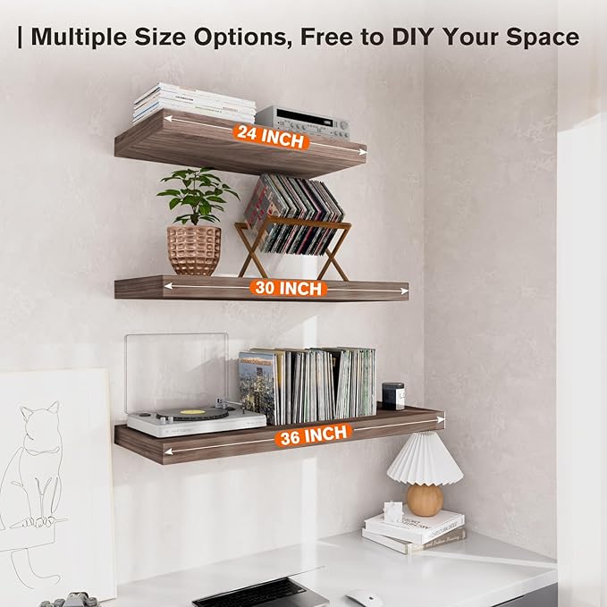 Floating Shelf, Set of 3 Wall Shelves, 36 in W x 12.75 in D x 2 in H Wooden Floating Wall Shelf with Invisible Brackets for Living Room/Bedroom/Bathroom/Kitchen Storage and Decor, Walnut