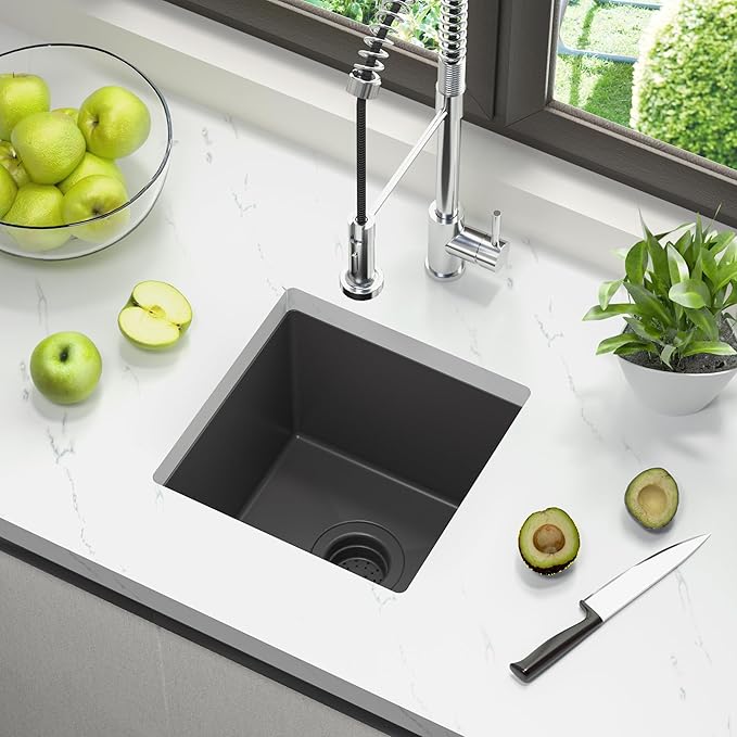TORVA 14 x 14 Inch Gloss Black Undermount Kitchen Sink, PVD Coated Gunmetal Bar Sink，16 Gauge T-304 Stainless Steel Single Bowl Wet Bar or Prep Sinks with Zero-Radius Corners, Dark Grey