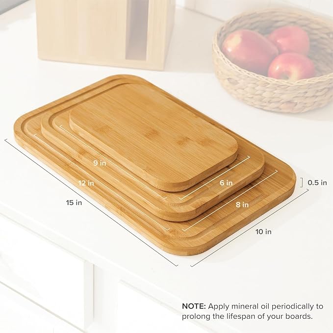KitchenEdge Bamboo Wood Cutting Board Set of 3, Juice Groove and Non-Slip Rubber Feet, Thick Wood Trays for cheese, vegetables, meat, fruit, Heavy Duty Construction, Pre Oiled (9x6, 12x8, 15x10 inch)