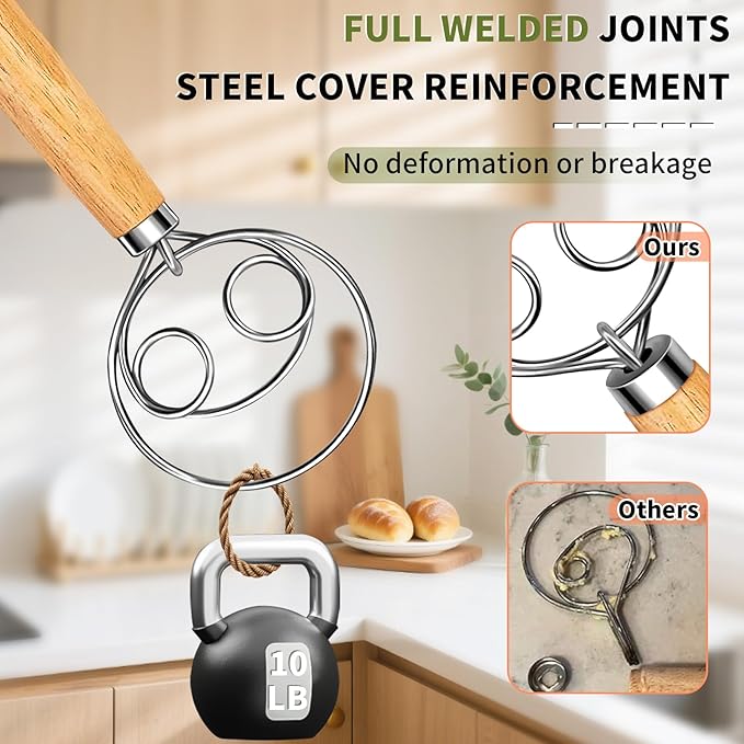 Hand Whisk Stainless Steel Dough Hook Dutch Whisk for Sourdough Bread Dough Mixer Hand Wooden Handle Kitchen Whisking Mixing Tool Bread Making Tools (two eyes)
