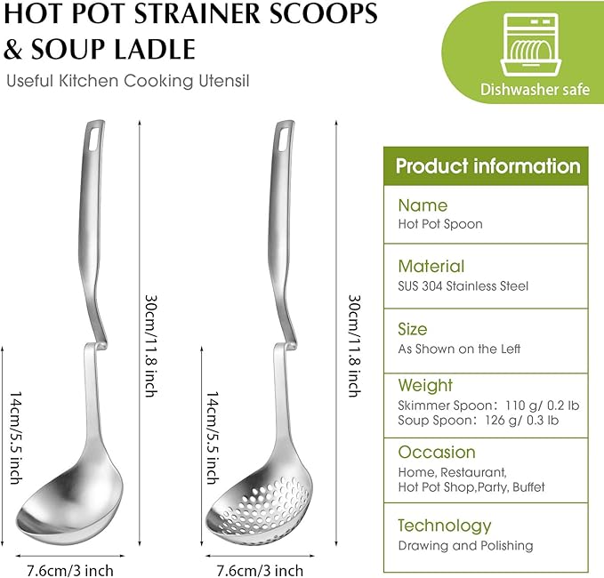 Patelai Hot Pot Slotted Ladle Set Stainless Steel Soup Ladle Strainer Scoops Cooking Skimmer Cookware Utensil for Hotpot Scooping Sauce Serving, 12 Inch(2 Pcs,Silver)