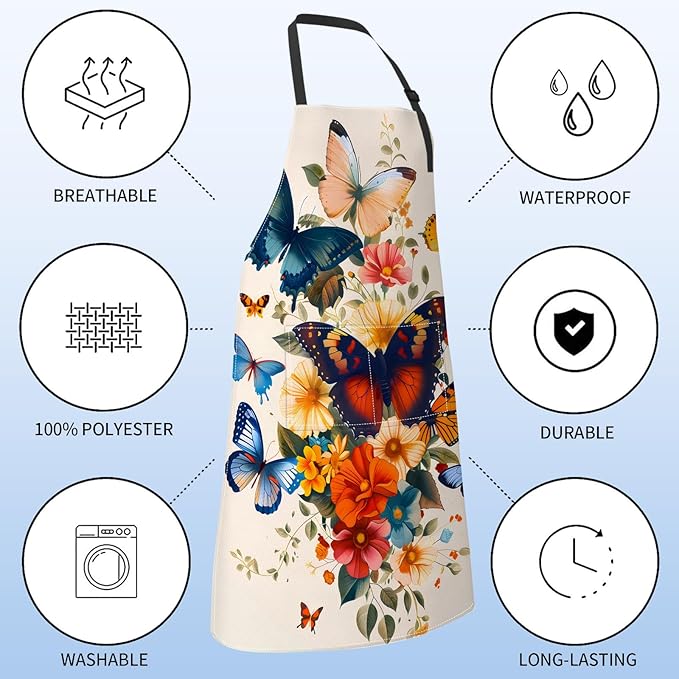 Retro Butterfly Apron for Women with Floral,28x33in,Autumn Nature Kitchen Aprons with 2 Pockets,Oxford Fabric,Artistic Adjustable Apron for Cooking Baking Gardening Chef,Gifts for Mom Wife
