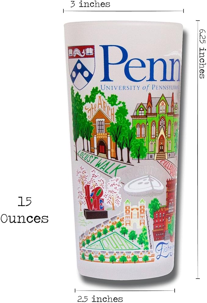 Catstudio Drinking Glass, University of Pennsylvania Glass Cup for Kitchen, 15oz Dishwasher Safe Tumbler for UPenn Alumni