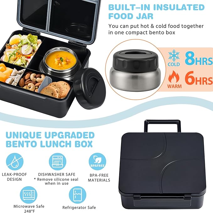 Bento Lunch Box with 9.5 oz Soup Thermo, Kids Leakproof 4 Compartments Bento Box with Silicone Cupcake,Fruit Fork,Spoon and Sauce Cup,Insulated Food Jar for School Travel-Black