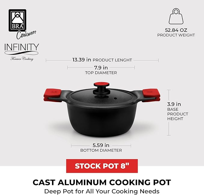 BRA COOKWARE Infinity Nonstick Stock Pot w/Glass Lid | 8 Inch 2.8 Quart Cast Aluminum Cooking Pot | PFOA/PFAS Free Deep Pot | All Cooktops (incl Induction) | Removable Silicone Handle