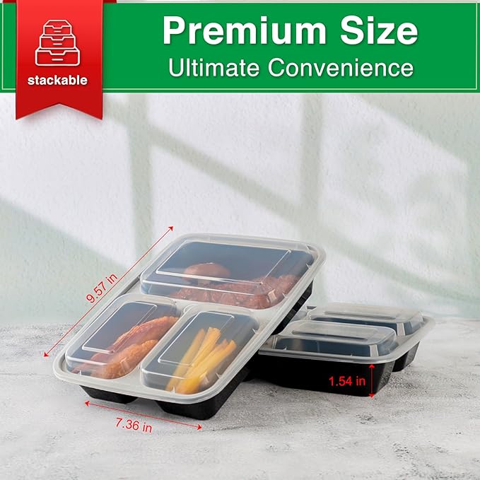 Meal Prep Containers 3 Compartment 20 Pack, 32 oz Divided Reusable Food Storage Containers with Lids Takeout Food Storage Black with 20 Forks, Microwave Dishwasher Freezer Safe, BPA Free