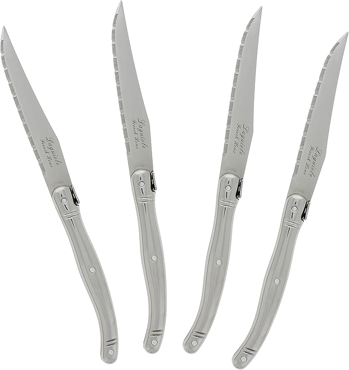 French Home Laguiole 4-Piece Steak Knife Set – Sophisticated Stainless Steel Dinner Knives with Iconic Bee Emblem – Serrated Knives for Smooth Cutting (9.25")