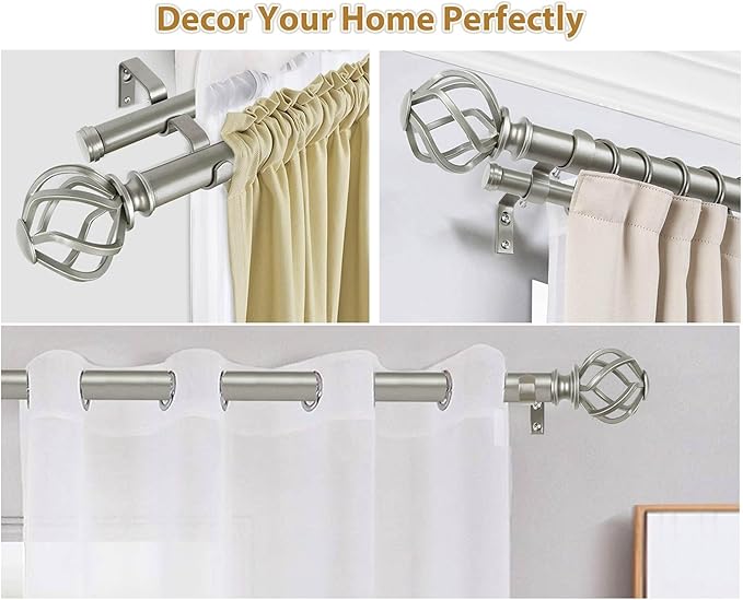 KAMANINA 1 Inch Double Curtain Rods 66 to 120 Inches (5.5-10 Feet) Telescoping Heavy Duty Drapery Rod for Windows 54 to 115 with Twisted Cage Finials, Antique Silver