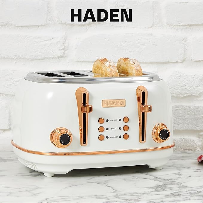 Haden Heritage 4 Slice Wide Slot Stainless Steel Toaster with Adjustable Browning Control & Non-Slip Feet, Ivory & Copper