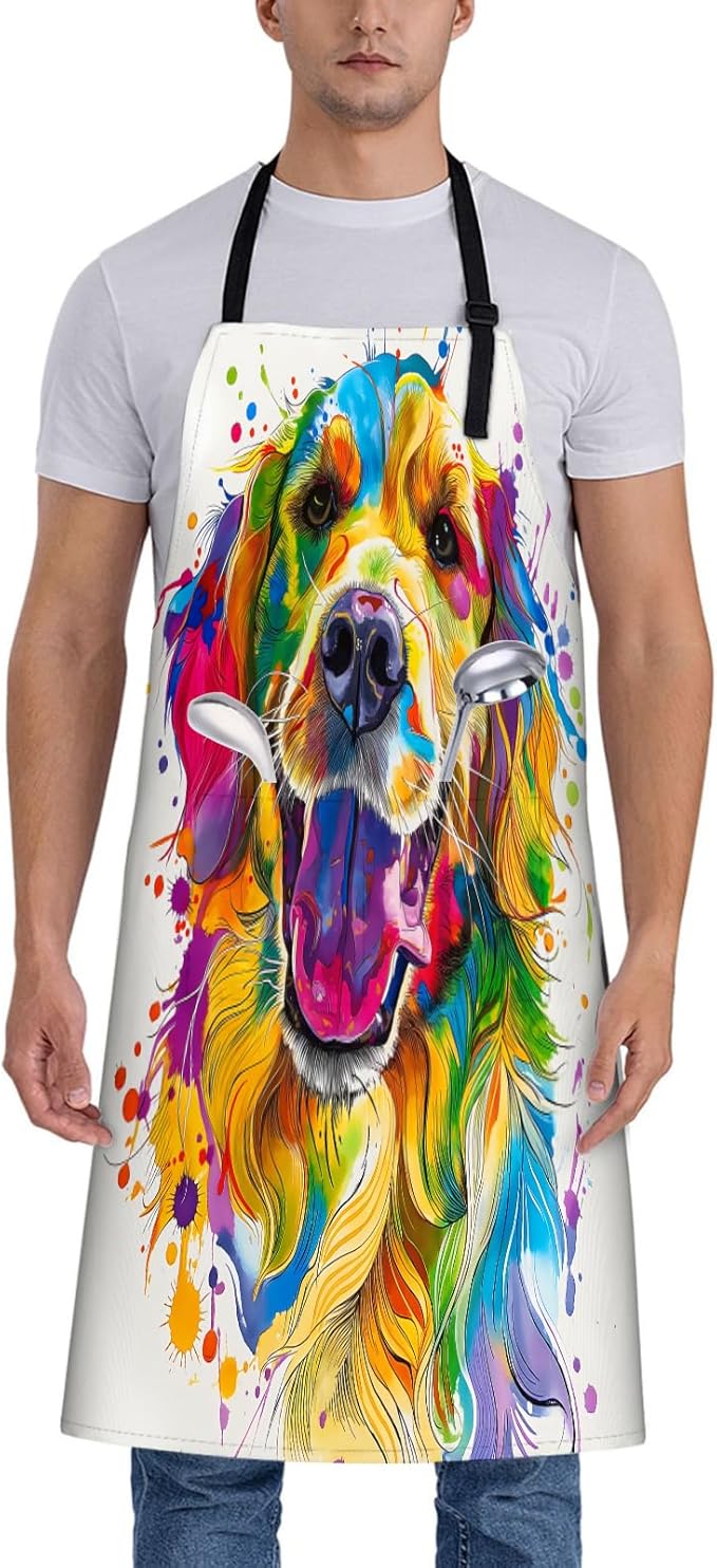 Golden Retriever Apron for Women, 28x33in, Kitchen Chef Aprons with 2 Pockets, Polyester, Colorful Animal Dog Apron for Cooking BBQ Baking Gardening Chef, Gifts for Mom Wife Dad