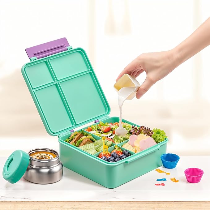JSLOVE Bento Lunch Box with Leak Proof Thermos Food Jar for Kids, Food Lunch Containers for Girls with 4 Compartments, BPA-Free with Utensils, Food Picks, Sauce Jar & Silicone Lunch Box Dividers