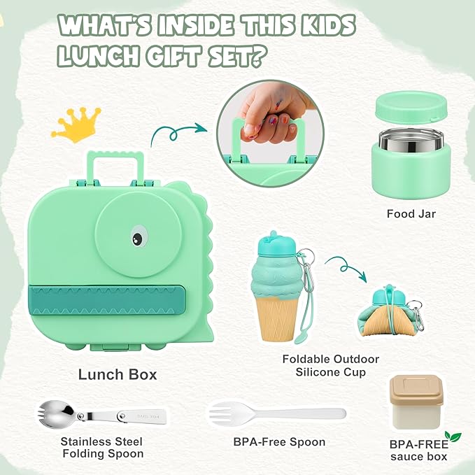 Dinosaur Lunch Box for Kids with Secret Compartment | 4 Compartments Bento Box + 12oz Insulated Food Jar | Leak-Proof Sauce Cup & Collapsible Spoon | BPA-Free, Dishwasher Safe(Green+Green Jar)