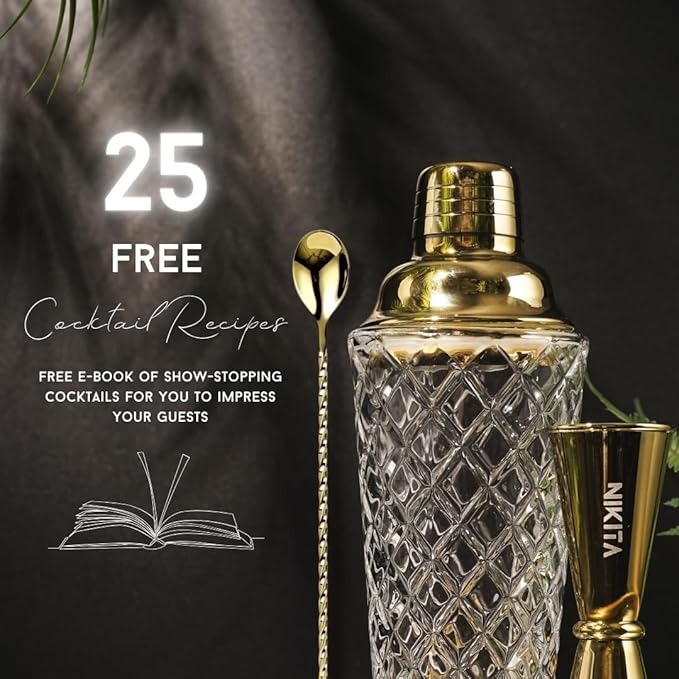 Glass Cocktail Shaker Set - 5 Piece - Gold Martini Shaker Set with Strainer, Jigger, Spoon & Muddler - 16 oz Drink Shakers Cocktail - Ideal Gift for Home Bar & Drink Trolley Décor