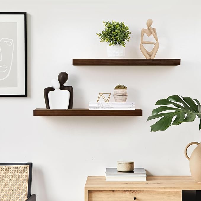 Fun Memories Farmhouse Floating Shelves - 8 Inch Deep Rustic Wood Wall Shelf - Premium Solid Pine Wood Storage Shelf for Kitchen Living Room Bedroom - 24" W x 8" D - Set of 2 - American Walnut Color