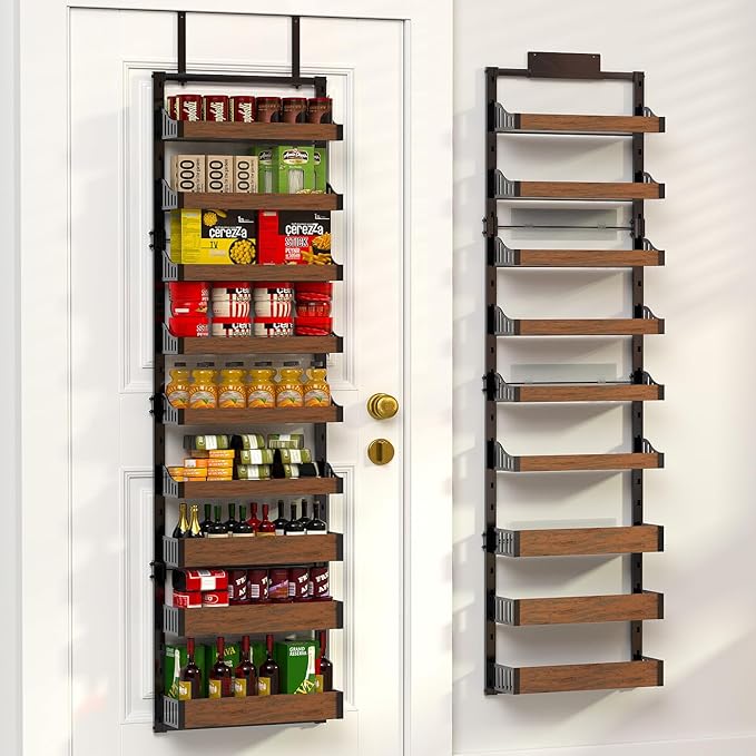 Over the Door Pantry Organizer: Pantry Organization and Storage with Hanging Basket - 9-Tier Metal Spice Rack Adjustable Shelves for Kitchen Bedroom Bathroom & Laundry Room Black