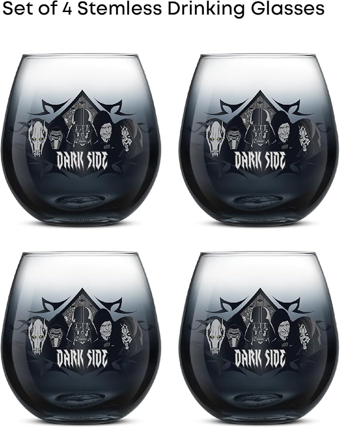 JoyJolt Star Wars Dark Side Stemless Drinking Glasses Set of 4, 15 oz Tumblers, Kitchen Glasses ft. General Grievous, Kylo Ren, Darth Vader, Emperor Palpatine, Darth Maul