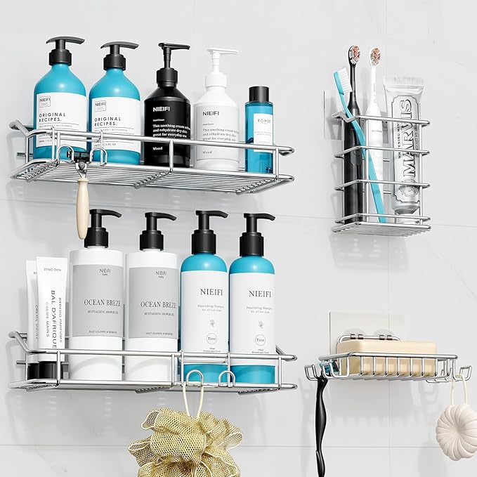 Nieifi Shower Caddy Shelf with Hooks Storage Rack Organizer Adhesive Stainless Steel without Drilling for Bathroom, Lavatory, Washroom, Restroom, Shower, Toilet, Kitchen (Sliver, 4 Pack)