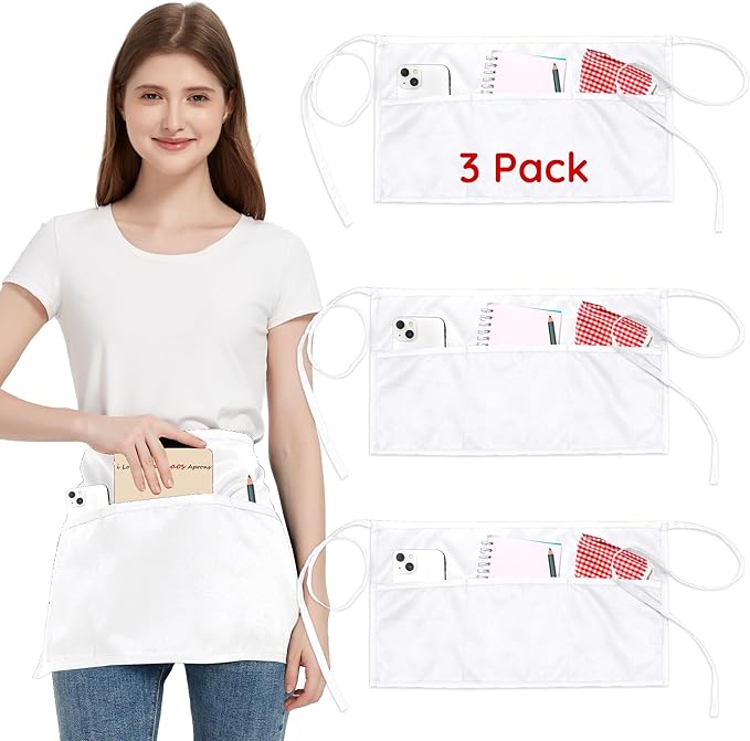 3 Pack Waist Apron with 3 Pockets, Unisex Black Waiter Aprons, Water Resistant Server Aprons for Restaurant Chef Bar