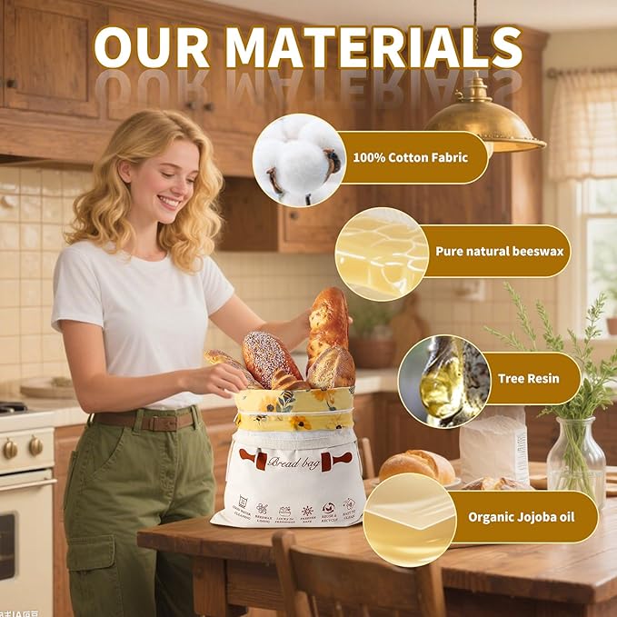 2 Pack Beeswax Bread Bags with Zipper for Homemade Bread & Sourdough, Reusable Natural Cotton Lined Storage with Easy-Clean Detachable Design, Freezer Safe Freshness Bag
