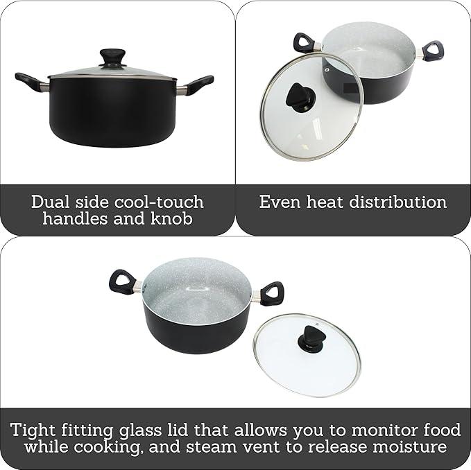 IMUSA 4.8 Qt Gray Speckled Ceramic Caldero Dutch Oven Stock Pot with Glass Lid – Nonstick Rice, Soup, Stew Pot for Hispanic Cooking, Pasta, Vegetables & Family Meals