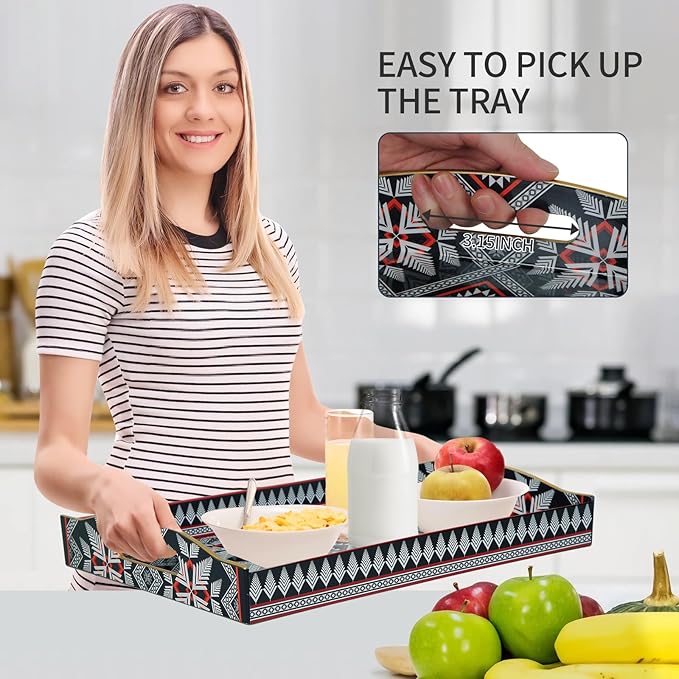 Boho Sturdy Acrylic Rectangular Serving Tray with Handles, 30x40, Beige, Plastic, Solid, Art Decorative Tray for Coffee Table, Food, Breakfast, Bathroom, Ottoman