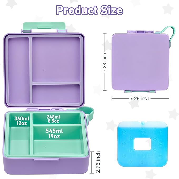 Chill Bento Lunch Box for Kids Adult with Ice Pack,Leak Proof 3 Compartments Lunch Container for Kids,Ice Pack Detachable Bento Box,BPA Free,Dishwasher & Microwave Safe-Purple