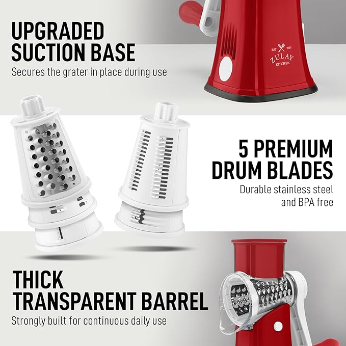 Zulay Kitchen Rotary Cheese Grater 5 Blade Cheese Shredder - Manual Hand Crank Cheese Grater With Reinforced Suction & 5 Interchangeable Drums - Easy to Use, Vegetable Chopper Round Mandoline Slicer