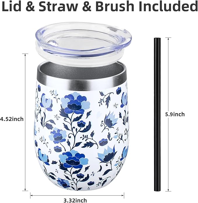 12 oz Insulated Wine Tumbler with Lid and Straw,Stainless Steel Stemless Wine Tumbler Glasses Double Wall Vacuum Wine Cups Tumbler Bulk for Coffee,Cocktail,Office（Blue and White Porcelain,1）