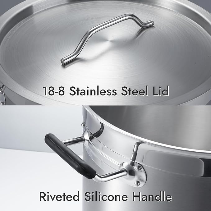 CURTA 12 Quart Large Stock Pot with Lid, NSF Listed, 3-Ply 18/8 Stainless Steel Cooking Pot, Commercial Cookware for Soup, Stew & Sauce, Riveted Silicone Handle, Induction Ready