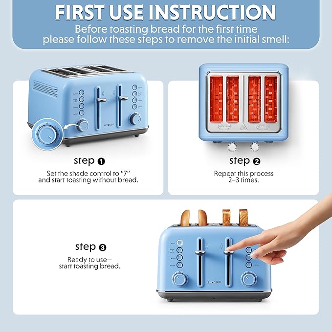 BUYDEEM DT640 4-Slice Toaster, Extra Wide Slots, Retro Stainless Steel with High Lift Lever, Bagel and Muffin Function, Removal Crumb Tray, 7-Shade Settings,Blue