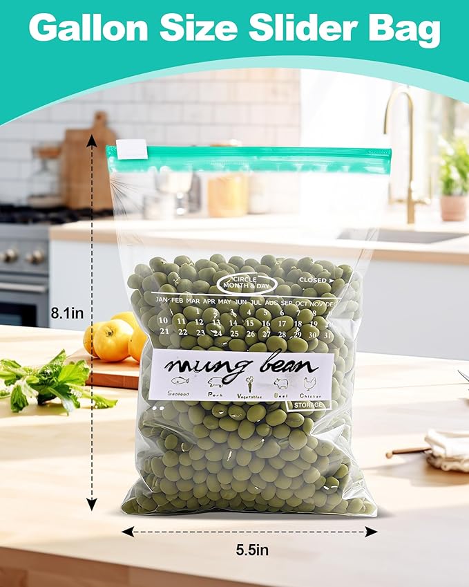 120 Pack Calendar Slider Quart Freezer Bags Reusable Food Storage Bags Slide Zipper Expandable Bottom Clear Plastic Freezer Bags With Write-On-Label For Food Storage (Green)