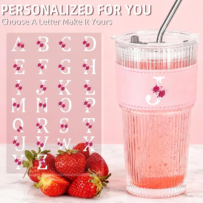 Personalized Gifts for Women,20oz Ribbed Glass Tumbler,Monogrammed Gifts for Women,Birthday Gift,Ice Coffee Mug,Christmas Gift for Mom Sister-J