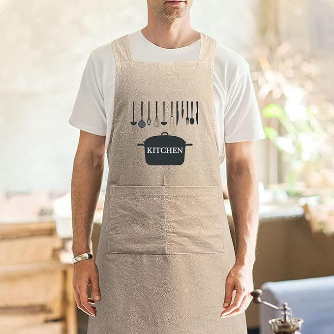Cotton Linen Apron Non-tie Cross Back Kitchen Apron with Pockets Soft Comfortable Durable for Cooking Baking Gardening (Khaki,Ktichen)