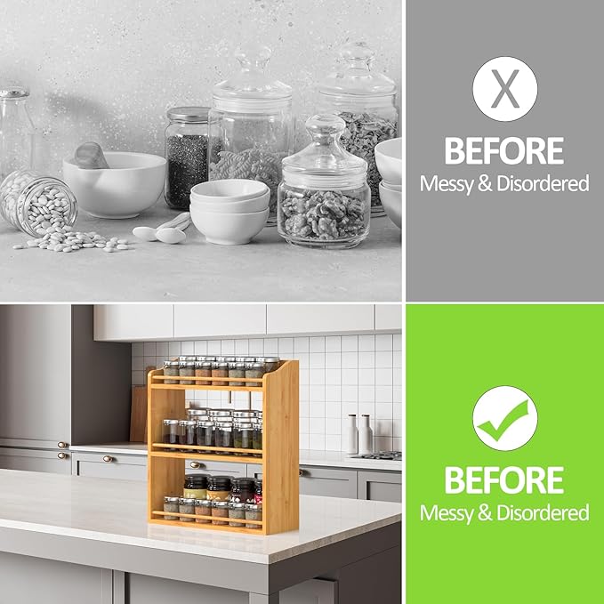 3 Tier Bamboo Spice Rack Organizer, Wood Seasoning Shelf, Spice Jars Storage Rack for Kitchen Countertop or Wall