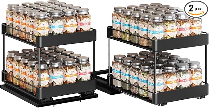 Nieifi Spice Rack Organizer for Cabinet, Vertical Spice Rack Pull Out, Easy to Install, Metal, 8.5''Wx10.35''Dx8.4''H, 2 Pack, 2 Tiers(Black)