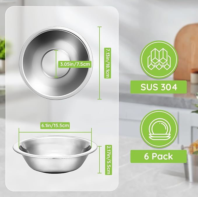 304(18/8) Stainless Steel Mixing Bowls for Kitchen, 6 Pack 7" 21.22 fl.oz Metal Mixing Bowls Set Stackable for Baking Serving Cooking Food Prep Storage Dishwasher Safe Lightweight
