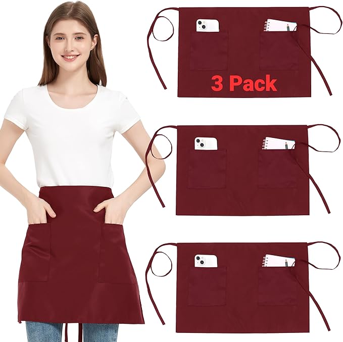 3 Pack Waist Apron with 3 Pockets, Unisex Black Waiter Aprons, Water Resistant Server Aprons for Restaurant Chef Bar