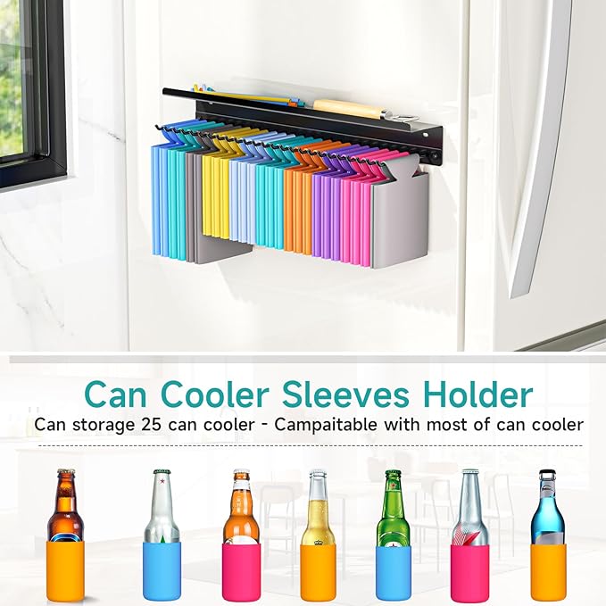 Can Cooler Sleeves Holder, Black Beer Sleeves Dispenser with 25 Hooks, Adhesive Can Cooler organizer with Storage Shelf Bottle Sleeves Beer Opener Holder, for Home Family Bar, Metal