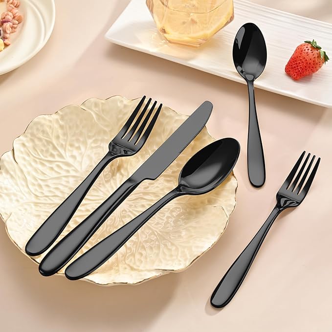 20-Piece Black Silverware Set, Flatware Set for 4, Food-Grade Stainless Steel Tableware Cutlery Set, Mirror Finished Utensil Sets for Home Restaurant, Forks Spoons and Knives Set, Dishwasher Safe