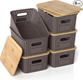Plastic Storage Baskets with Bamboo Lids, Stackable Small Box Bins for Organizing and Containers for Shelves Drawers Desktop Closet Pantry Classroom Office Home, 6 Pack 10.2x7.2x4.1 Inch, Brown