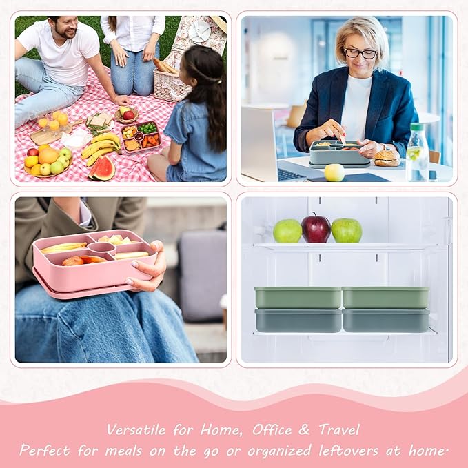 4 Pack Silicone Bento Boxes for Adults, 5 Compartment Reusable Lunch Containers with Sauce Section, Leakproof Meal Prep Snack Box Microwave & Dishwasher Safe for Work School Office(Dark Color)