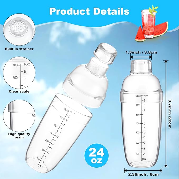 8 Pcs Plastic Cocktail Shaker Drink Mixer with Scales and Strainer Top Clear Shaker Cup with Measurement Plastic Bar Mixing Tool for Tea Coffee Bubble Tea Milk
