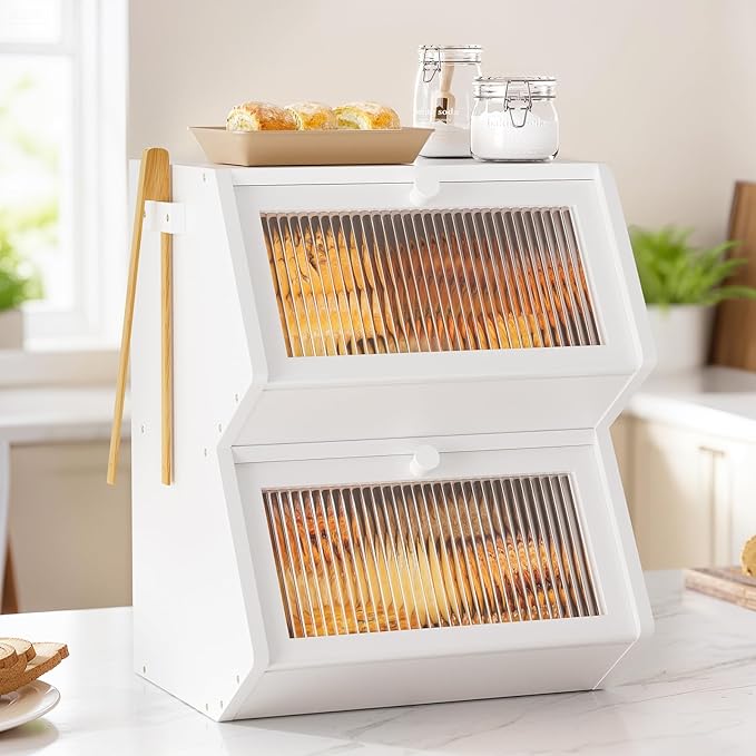 WOWLIVE Double Layer Bread Box for Kitchen Countertop, Large Bamboo Bread Storage Container for Homemade Bread, Farmhouse Bread Holder for Kitchen Counter Cabinet, Pantry, Cupboard (White, Medium)