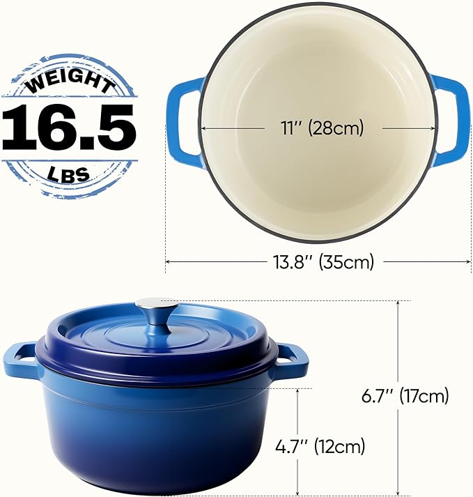 7 Quart Dutch Oven Pot with Lid, Non Stick Enameled Cast Iron Dutch Oven for Bread Baking, Heavy-Duty, Oven Safe Ceramic Cookware Up to 500°F for Baking, Braising, Stews, Roasting, Blue