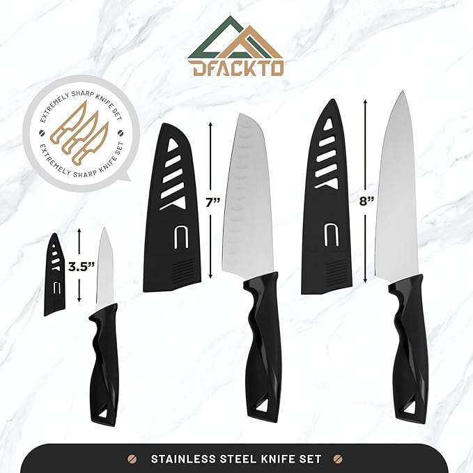 DFACKTO 4-Piece Kitchen Knife Set with Vegetable Peeler without Block – Stainless Steel Knives for Kitchen, Dishwasher Safe Cooking Knife Set with Covers, Sharp Cutting Knives for Cooking – Black