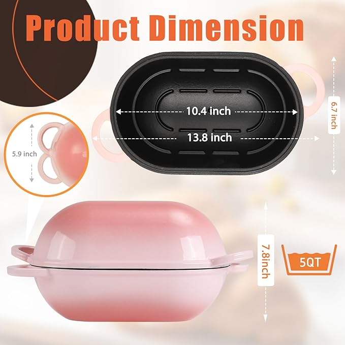 Enameled Cast Iron Sourdough Bread Oven, 5QT Loaf Cast Iron Bread Pan with Lid, Oval Dutch Oven for Homemade Bread Baking (Gradient Pink)